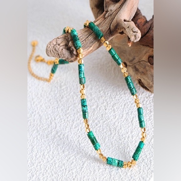 18K Gold Plated Beaded Necklace*Handmade Gemstone*Metallic Design*Green Jasper - Picture 5 of 6